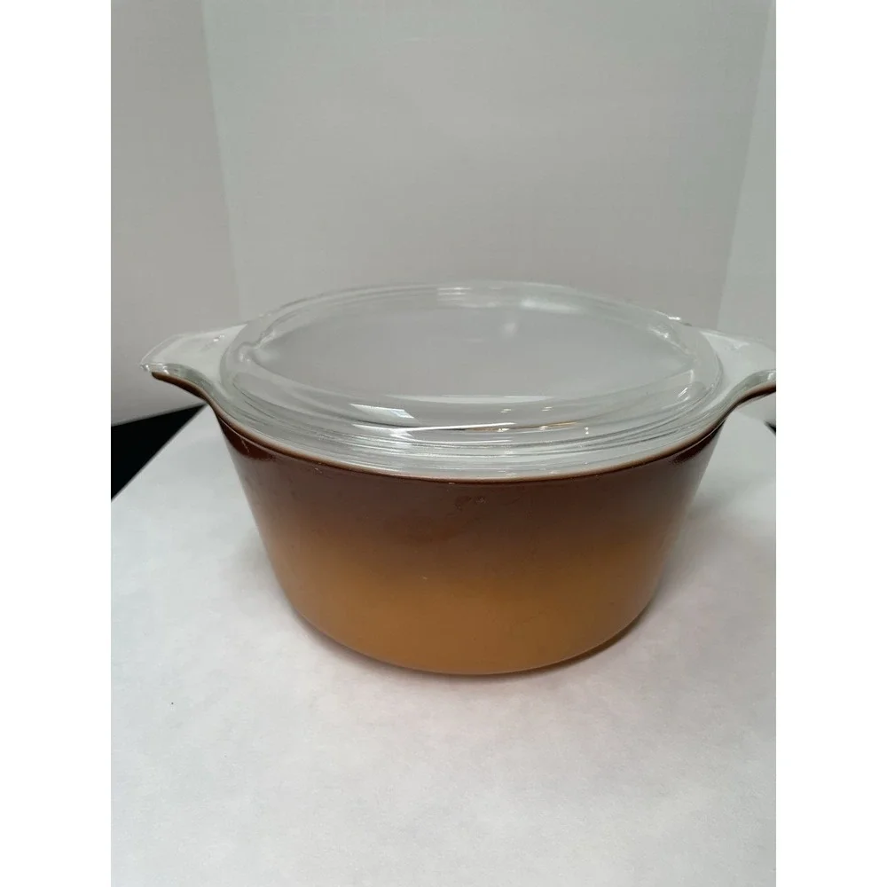 Vintage 1974 Pyrex 1.5 qt Casserole Dish with Lid Old Orchard Brown Butterscotch